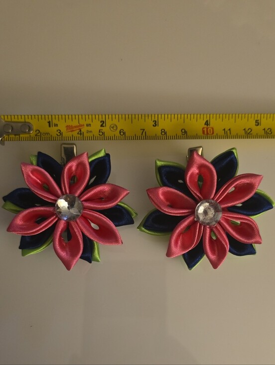 Handmade Accessories - Handmade Pink Navy Green Floral Satin Hair Clips with Crystal Accent